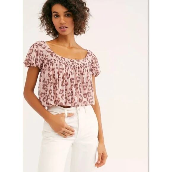 FP Free People Pink Animal Print Black Crop Bubble Hem Blouse Medium Lined - Picture 1 of 7